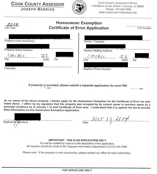 Homeowner certificate of error application
